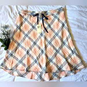 NWT A-Line Cotton Lined Knee Length Skirt Peach White and Blue Tie Front Size L